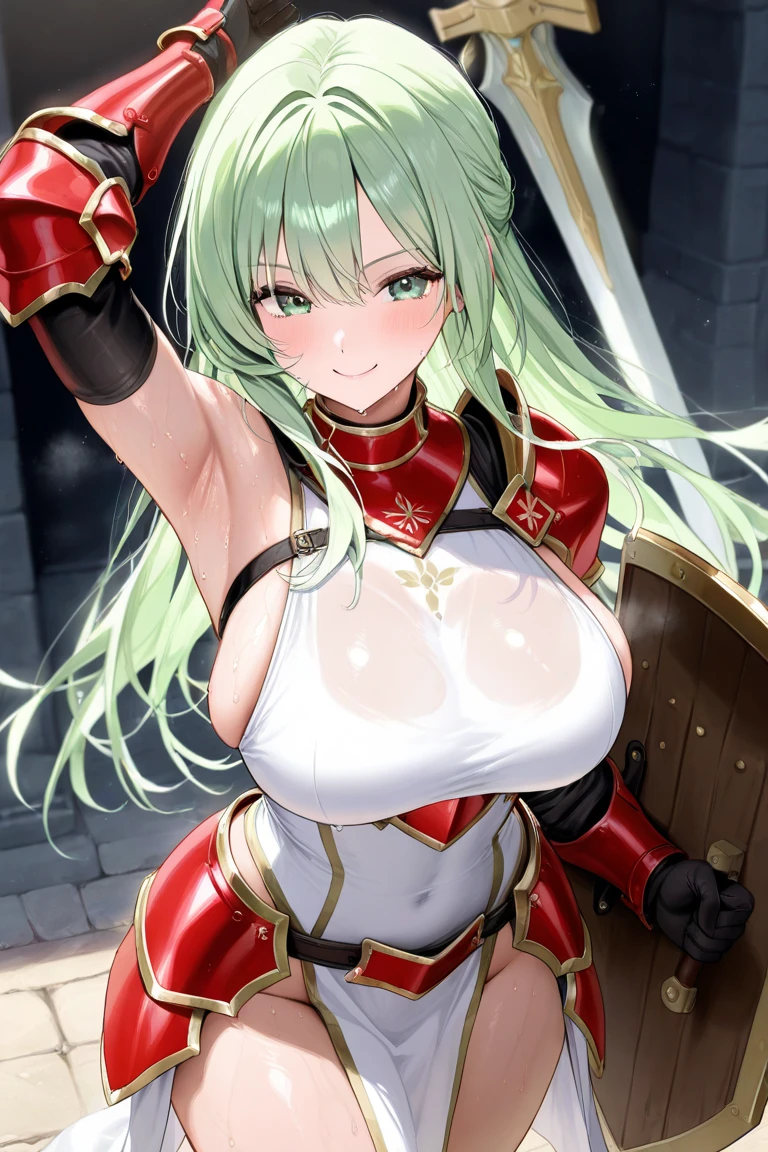 ((Three Pretty knight girls with super colossal breasts hugging each other:1.2)), ((pressing their breasts each other:1.3)), ((Wearing an armor and gauntlet)), Baby face, harem, ((master piece, top-quality, ultra-definition, high resolution)), anime girls, ((ultra-detailed illust:1.2)), bangs, hair between eye, green colored hair, beautiful hair, random colored eyes, Shiny eyes, highlights on the eyes, ((detailed eyes:1.2)), ((Erected Nipples)), Exposure of nipple, Beautiful nipples, ((super gigantic breasts:1.3)), huge tits, Soft breasts, cleavage of the breast, show breasts, emphasize the breasts, focused on breasts, Big smile, enjoying, opened mouth, without clothes, take off clothes, undressed, nude, outdoor, castle, ((bust shot:1.2)), sweaty breasts