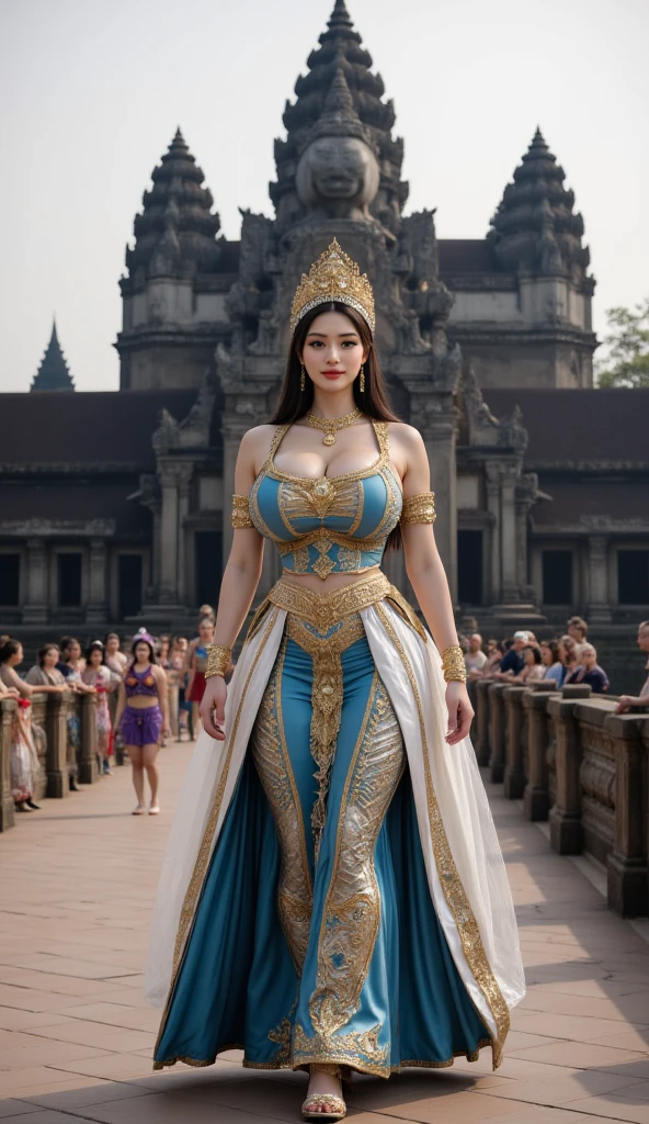 1girl, (18yo:1.2), detailed face, intricate ethnic headpiece, daring sexy dancer costume that accentuates her figure, dancing pose, ornate golden jewelry, extra long dance shawl, looking at viewer, sharp piercing gaze, sharp focus, bokeh, armlet, bajoran earring, stunning fashion model, confidently strides down, adorned chic headpiece, aura of poise and power, urban backdrop, captivating the attention of passersby, vibrant energy, (Hyperrealistic, detailed, post-processed), (large breasts),