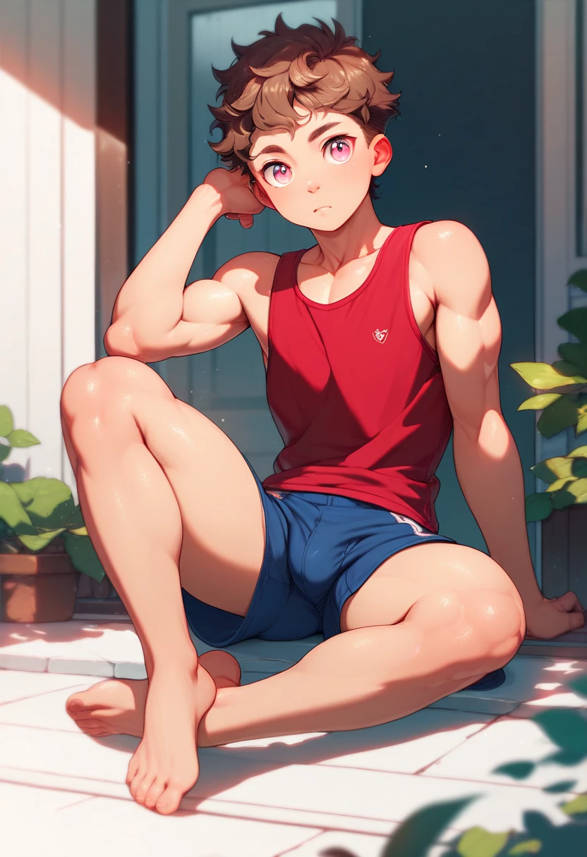 (masterpiece, best quality), 1boy,younge boy,'s face,Lying in the grass,adolable,infancy,Young age,Short round face,Flat chin,Pink briefs,musculous, pink short hair, Pink eyes, 复杂, full bodyesbian,nakeness, Pink briefs,Pectoralis abdominal muscles,vivd colour,(depth of fields:1.2),(abs),looking at viewert,Lying in the grass,spread their legs,in pink