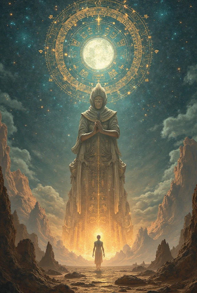 Adiyogi sits alone while meditating on a mountain. There is outer space all around. A golden glow. Green hues. Inspiration is felt.