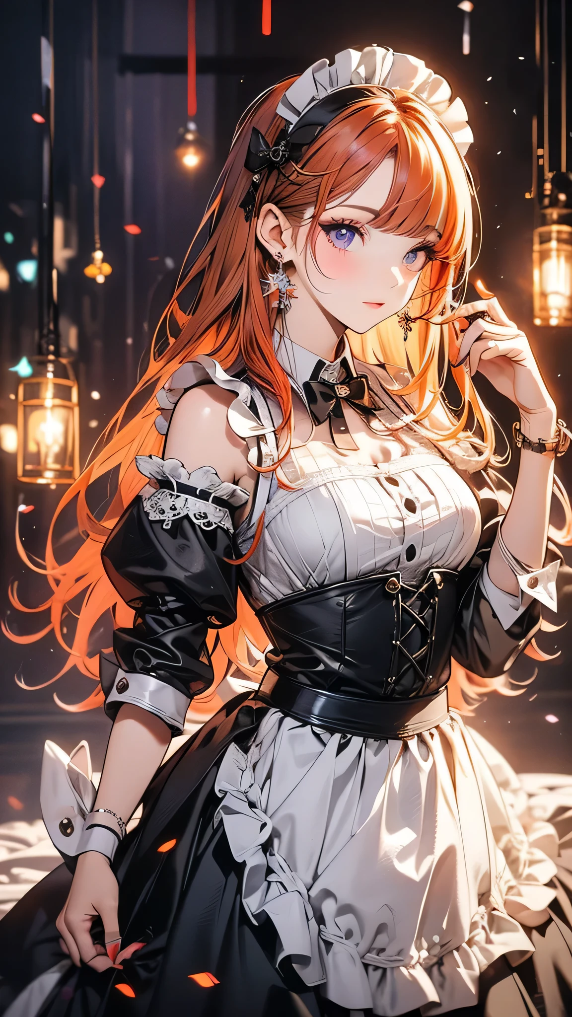 adult girl, long curly orange hair, Orange Eyes, black dress and hat, ssmile, Masterpiece, hiquality