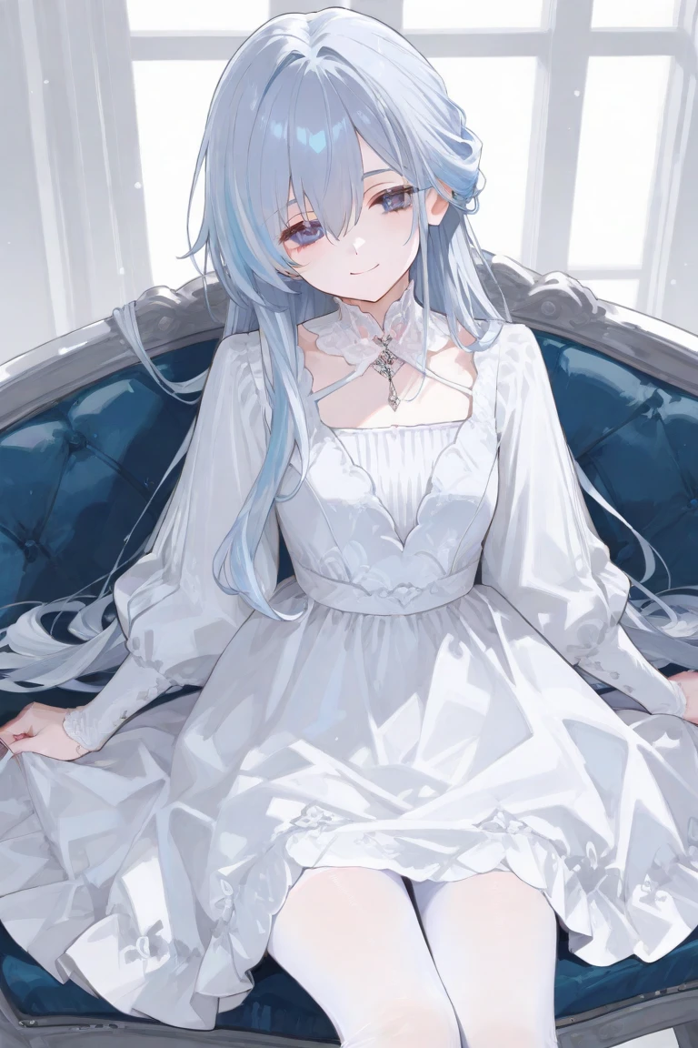 woman、Gray Hair、Long Hair、Blue Eyes、cute、beautiful girl、White dress、Sitting、Ankle-length underwear、Pull on your underwear、Cross Necklace、Transparency、beautiful、