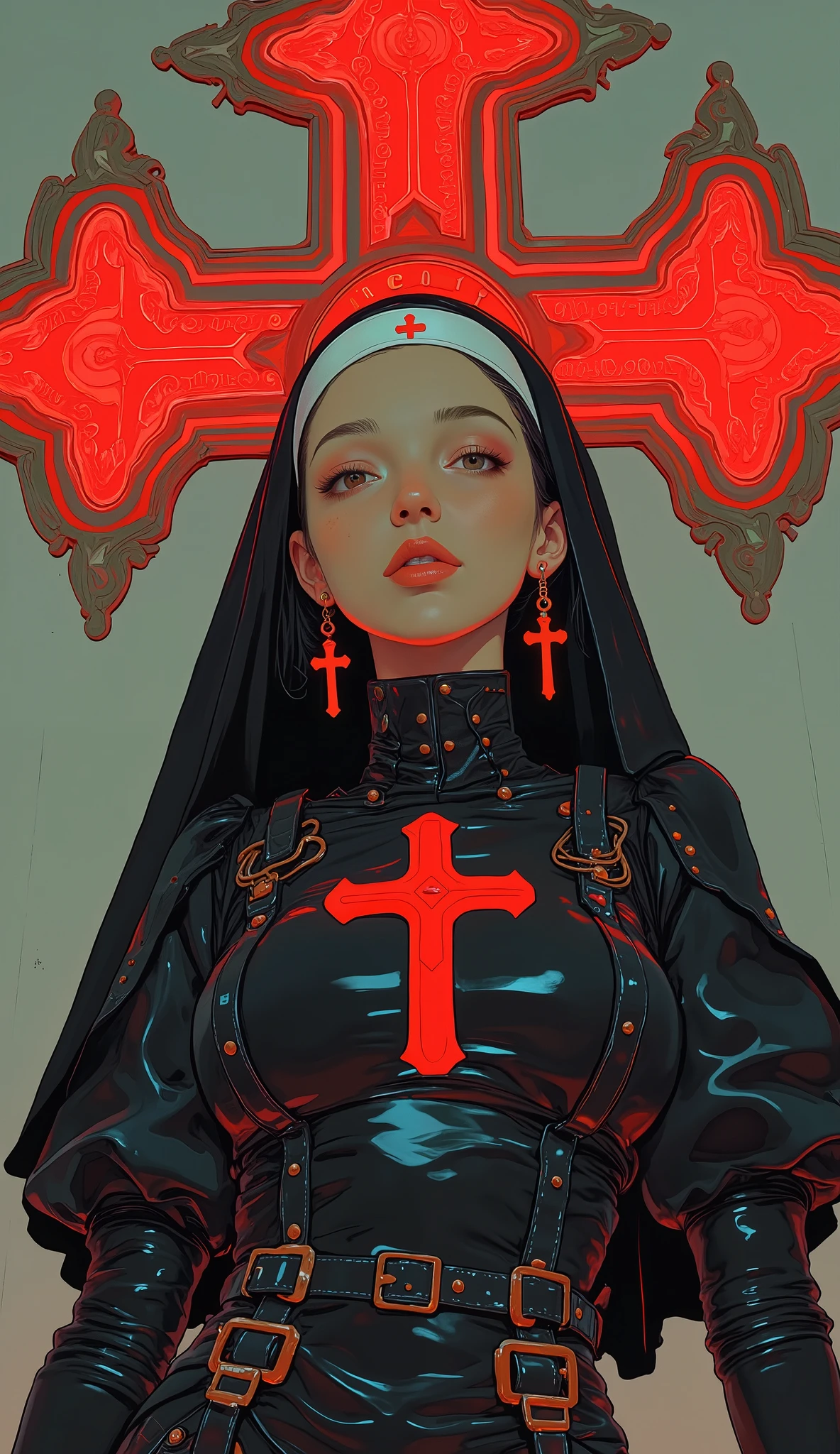  the young woman is dressed in a stylized nun's outfit, 、 exuding a provocative allure, the image blends religious motifs with fashionable elements, . Her outfit is tight,  made of shiny black latex, ,  reverse exchange,  highlighting her curves with a sculptural aesthetic, . The nun's garb is 、 includes a traditional white cap embroidered with a red cross, ,  highlighting the contrast between innocence and seduction that is the theme of the image, .  her black veil flows behind her, ,  framing her head,  , on the other hand、 her lips are adorned in a striking red shade, .  she accessorizes with a pair of casually dangling red cross earrings,  complementing her outfit with a 、 a splash of color, .

Background, Large,  an intricately designed red cross rests against her, ,  embellished with metallic straps and highlights, . The overall image represents、 a devotional theme and an edgy ,  contemporary fashion sensibility, ,  creating a visually appealing tableau that speaks to both religiousness and rebelliousness, .