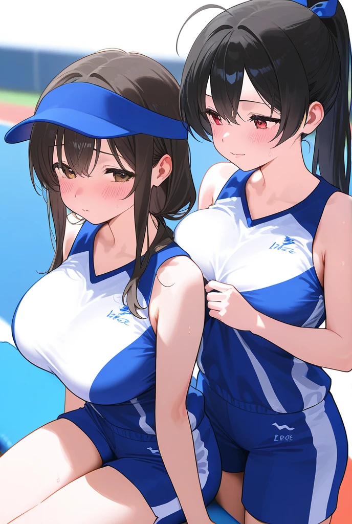 nsfw:1.5,Browsing Caution, Incredibly cute girl, rikujou, Multiple Girls、 Highest quality)), , A big bust that seems to burst, Small breasts, Group photo, A radiant smile、(show off nipple:1.5)、(Huge Breasts:1.5)、panty lift:1.5