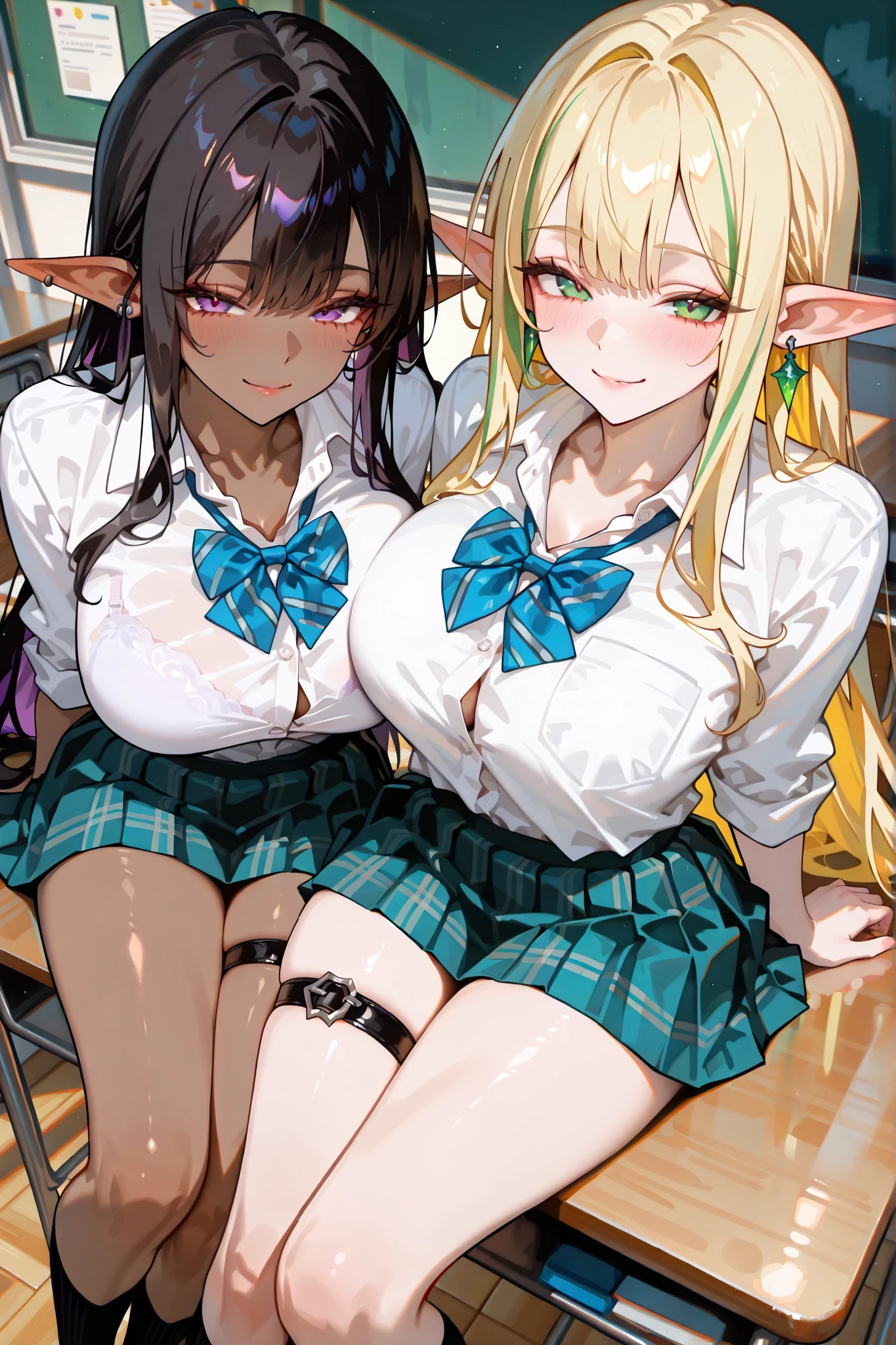 (SuperQuality:1.0) ~ (SuperQuality:1.2), detailxl, 2girl, duo High Resolution, Best Quality, High Details, Super Detailed, Mature, Twins, Elfs, Yellow Hair with normal skin and green eyes large breasts, Black hair with brown skin and purple eyes large breasts, Long Hair, Seductive Smile, school uniform, thigh strap, View from above, earings, school, classroom, the girl laying on the other girls lap,