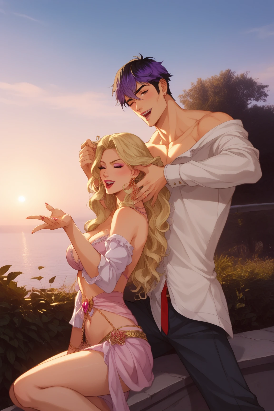 kiss、a couple、Lovers、Romance、Overflowing、Full body painting、Fluttering chest、Sheer lace underwear、Underwear to take off、teats、teatsが透ける、ピンクteats、pink areolae、clit、Inter-strands、a coupleポーズ, Engaging pose, kissing together cutely, passionate pose, 素敵なa couple, 1 male,(blonde  hair, Gold eyes、tall、190 cm、manly、Handsome man、Beautiful shape、Best style、Beautiful prince,Strong body、Sexy costumes、tall、Wet gowns、Open chest、flowing)、1 female(Pink hair,stright long hair、Pink eyes、cute large eyes,優しいA smile、Flowers in the hair、小柄、huge tit、Best style、Perfect Style、rise)、Put your arms around your waist、hug、Grabbing the waist、araffe woman in a white lingerie posing for a picture, lingeries beauty, wearing sexy lingerie, , translucent  dress, Translucent body, iridescent shiny sheer lingerie, sexy dress, wavy lingeries, smooth translucent white skin, lingerie, beautiful sexy woman photo, Sexy style, Lovely woman, Transparent dress, Open V chest clothes, young graceful、The fountain、splash water、izumi, sunny day in a park, bright sunny day、bright sunny summer day,blue-sky、shine、kirakira、Sparkling lake、Crystal clear water、Bright sunshine、colorful flower、Surrounded by flowers、Closely attached、A smile、A slight smil、Gentle eyes