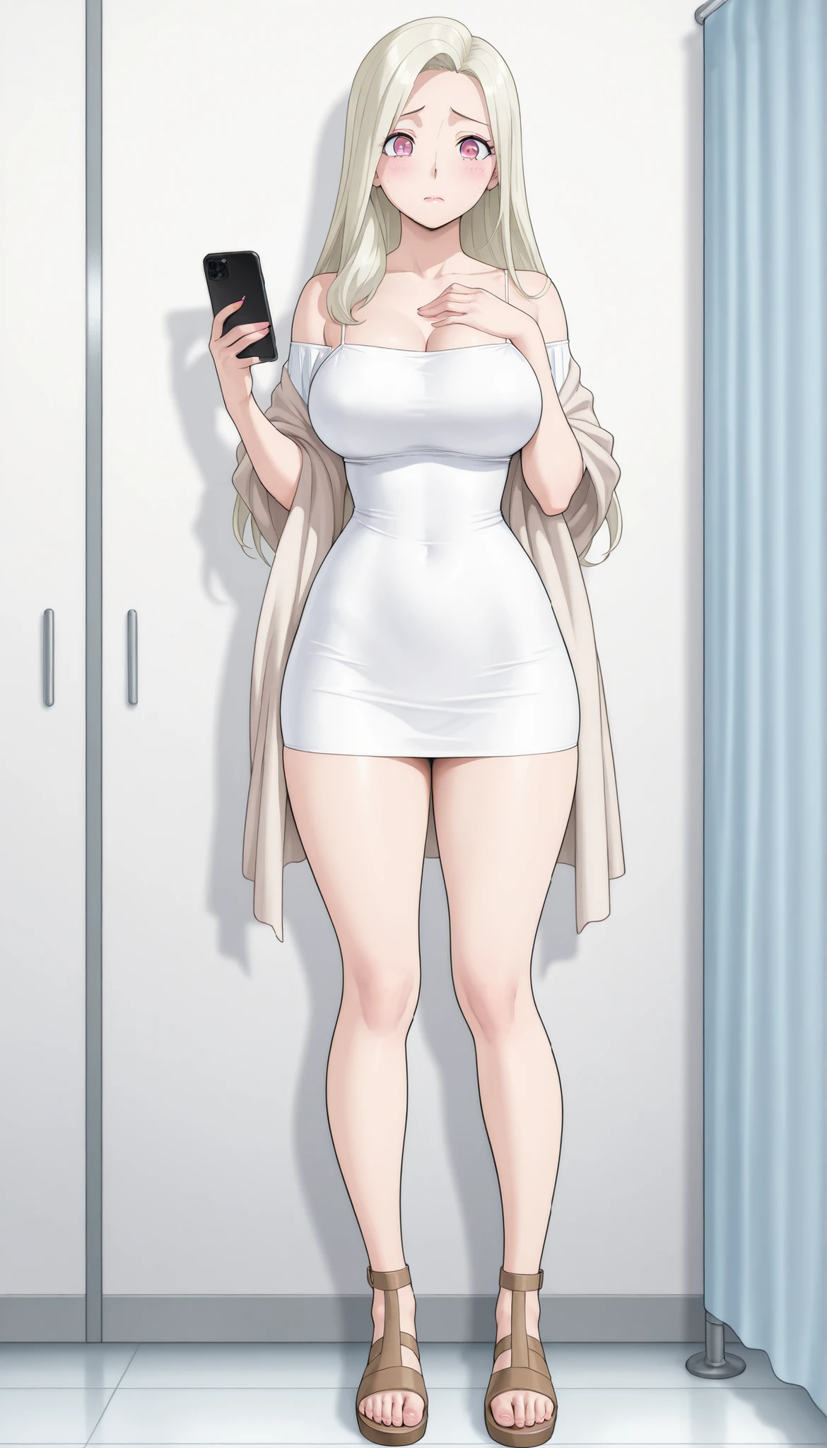 the main door of the big mansion opens and an busty mother stands who is insanely and extremely sexy cute pretty voluptuous beautiful pretty curvy busty hot sexy mother with extremely shiny glass snow-fair white shiny smooth lush plump glass glowing skin and perfect round cleavage and her tight perfect hourglass figure, her wide soft hips, and her skinny lush soft plump arms and her thick sexy fair lush legs and thighs, her big soft plump perfect round thick ass are all on display with her bright white plumpy round bare breasts and her pinkish shoulders exposed while she's wearing her shiny yellow high heels along with her with her shiny gold long blonde hairuntagled and open hiding one of her eyes along with a red ribbon and small stars and a small jewelry hanging on her hair with a with a golden jewellery on her smooth lush fair clean tender neck and gold bangles on her wrist and gold anklets with small bells on her two feet and gold earrings on her lush fair white pinkish ears with her extremely insanely god tier cute irresistible smile kind gentle look on her extremely cute pretty face with her big shiny brown eyes and her shiny black eye lashes and her two pink blushes and her pink puffy lips on her face and her pink shiny nails, looking at the man. The woman has no wrinkles, no tattoos, no signs of anything that's not unattractive but just raw god's given absolute irresistible otherwordly god-tier beauty possessing the most irresistible charm and beauty in all of mankind's history and future as she's the peak and epitome of a woman's elegance and feminity and her insane, impossible, and unimaginable levels of beauty the woman has, the woman stands in an alluring sexy feminine poseThe woman wears a short sexy revealing tight white floral cleavage-revealing dress. SHOW FULL BODY, SEDUCTIVE TEMTPING EXPRESSION.