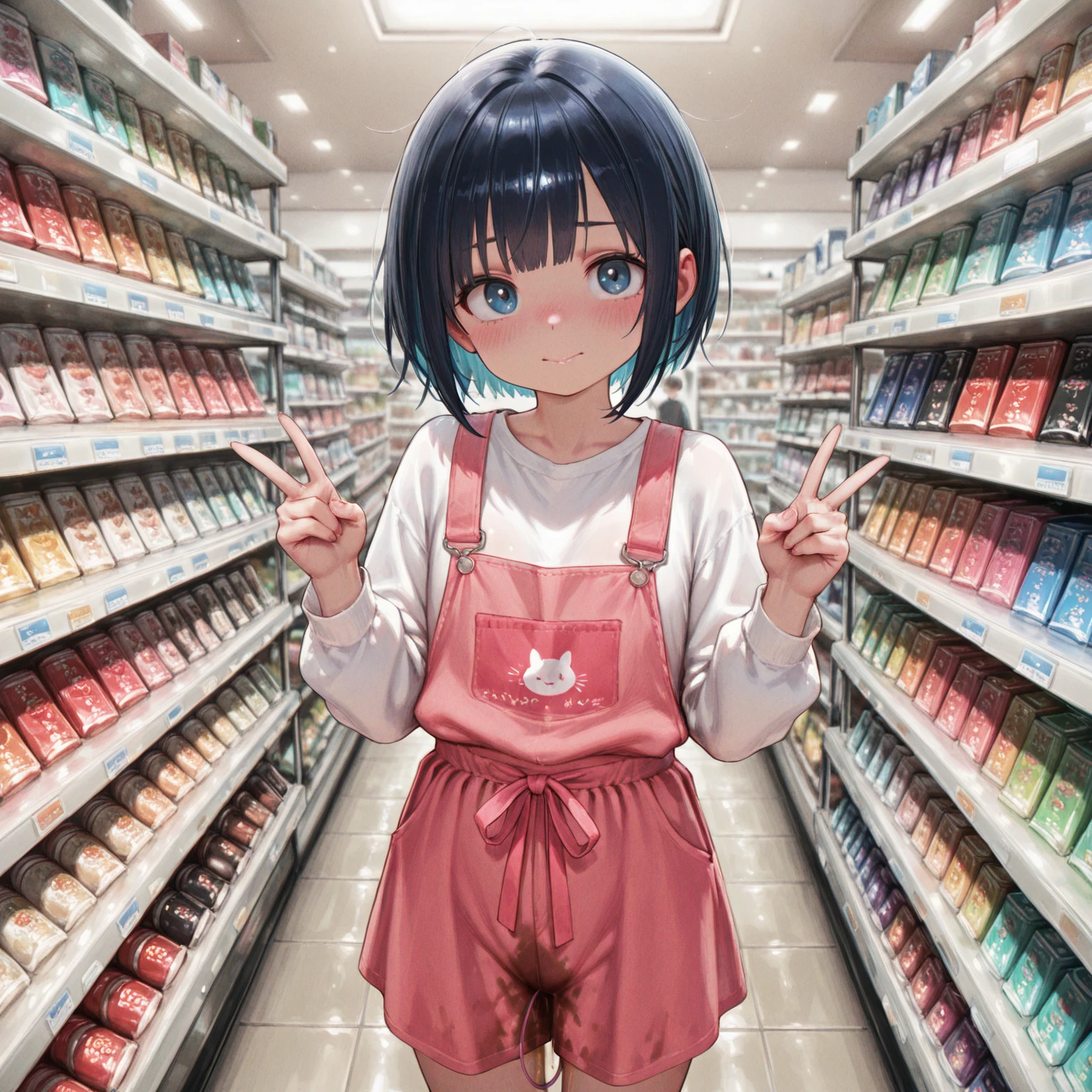 1girl, nsfw, , twintails, purple hair, purple eyes, , empty eyes , 12years old, large breasts, nipple, , Peeing, lactation, projectile lactation, Drug store, frozen, wet, crying ,, Naked, , (1girl) ,solo