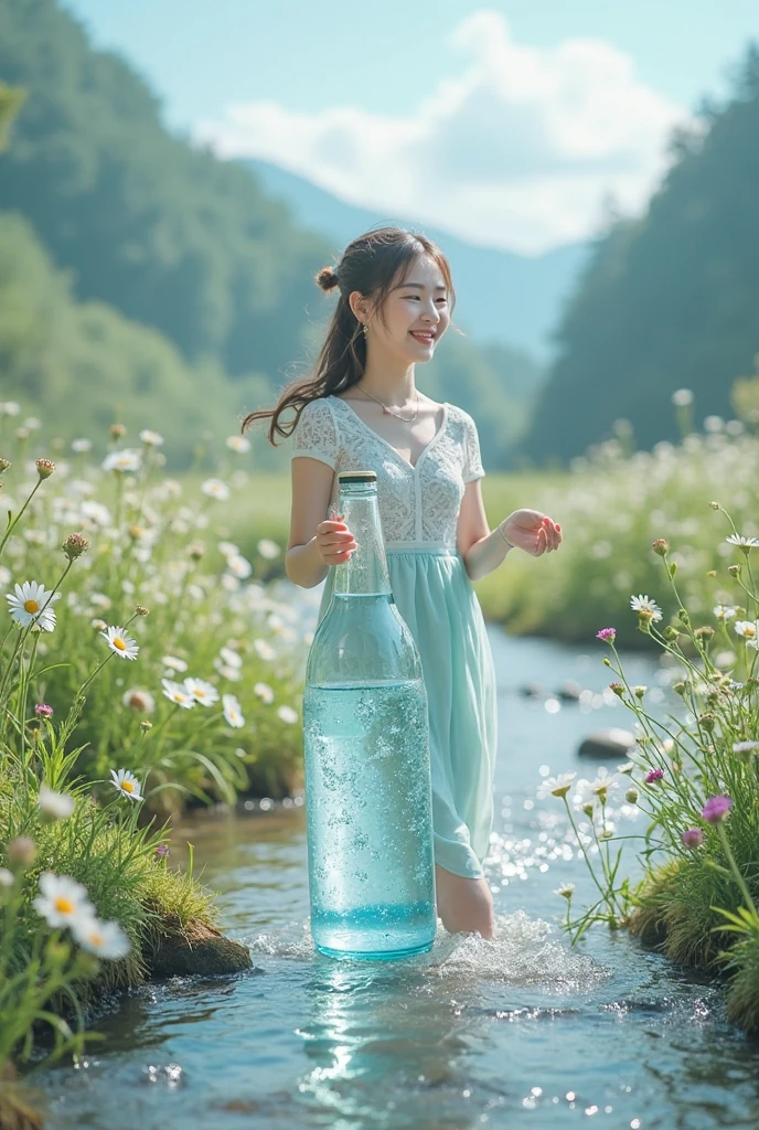 create an illustrative drawing of a woman collecting a bottle