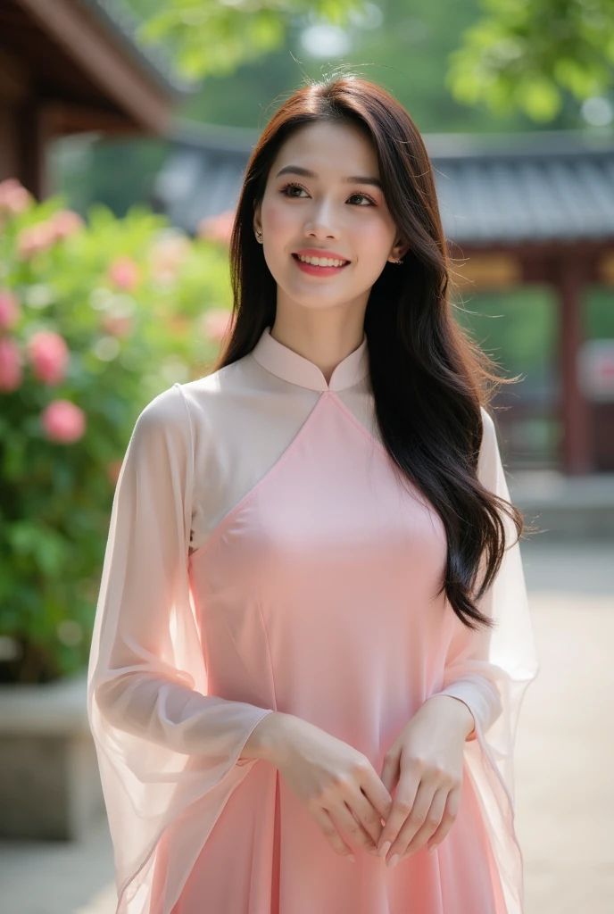 (a beautiful Chinese lady, age 18, Vietnamese traditional colorful dress Ao Dai, walking in Hanoi night market, friendly expression, dimpled smile, cute snaggle-tooth,  beautiful detailed face, beautiful detailed eyes, ample round bosom, photorealistic, hyper-realism, high contrast, ultra HD, realistic skin textures, top image quality, top-quality, super high resolution, fine details, very meticulously, masterpiece, head to hips, the Cowboy shot, vibrant atmosphere, bokeh background), ((Random body orientation)),