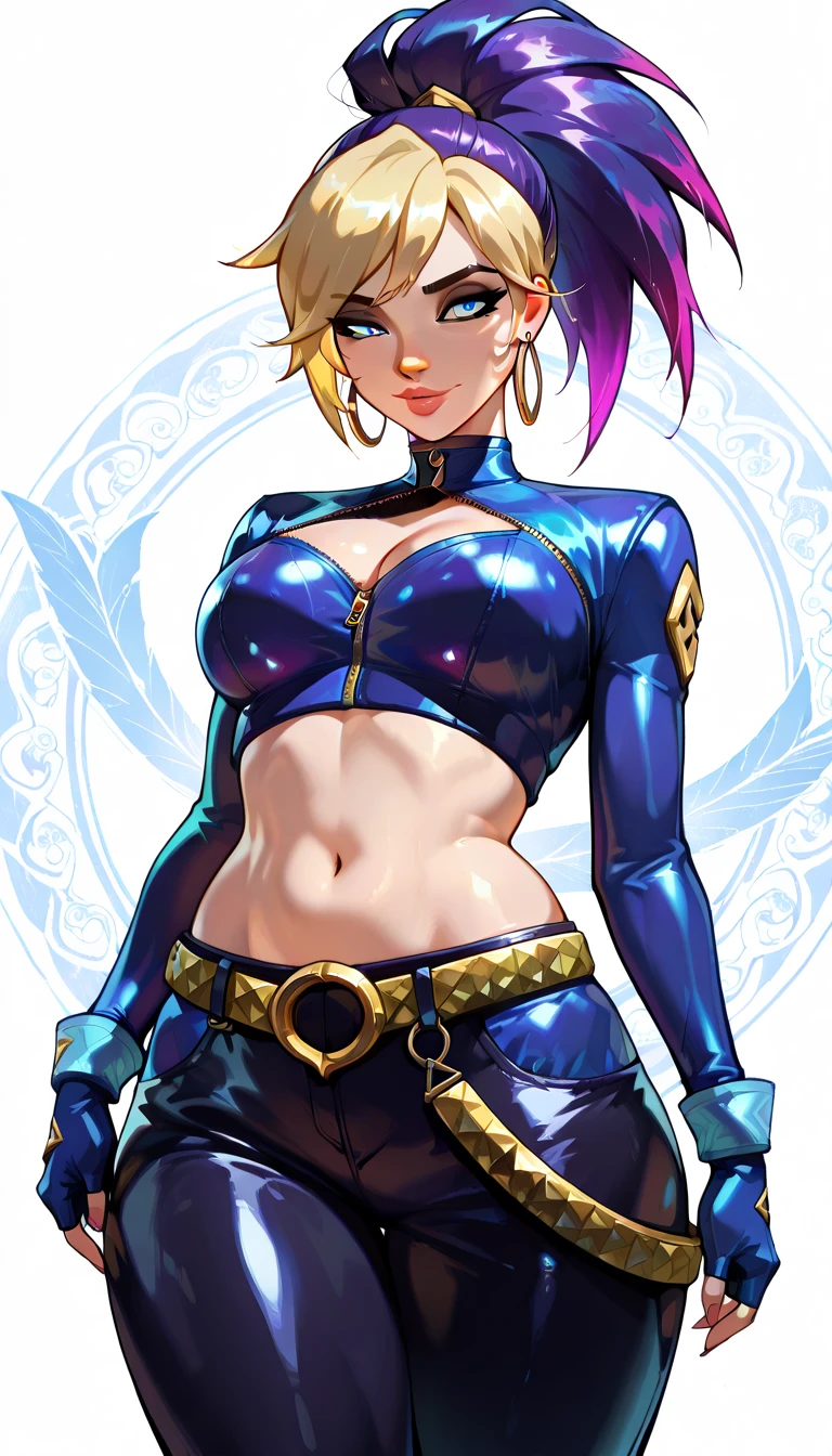 Beelzebub muscular woman with purple and blue mohawk punk hair down to below shoulders with fly wings with four arms, two at normal height and two below the ribs and with a glass belly full of blue and purple plasma.