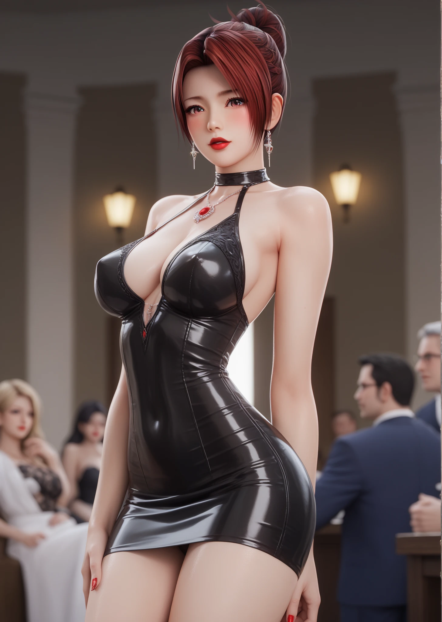 ((Highest quality, 8K, masterpiece :1.3)), (Sharp focus :1.2, Beautiful woman with perfect figure :1.4, Slim Abs), ((Big Breasts, Emphasize cleavage, The underboob is visible:1.5)), (Photorealistic:1.4), (realistic:1.4), (Ponytail Hair, Light brown hair:1.5), Highly detailed face and skin texture, Fine grain, double eyelid. Makeup face, A little bit of lipstick, sex appeal, Sexy gravure pose, ((Black bodycon mini dress、A bold pose with legs entangled in the club's VIP room。A challenging gaze and lip biting。:1.3))