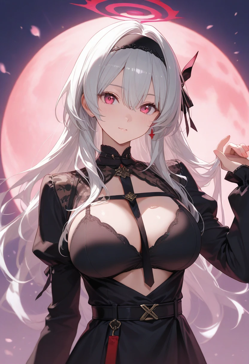 1个Giant Breast Girl, black halloween dress, perverted grin, Glowing background in dark theme, closeup portrait, Permanent, The upper part of the body, Multicolor gradient beautiful hair,detail-rich, queenly attitude, anime coloring, MIDJOURNEY, rainbow art, nightcore