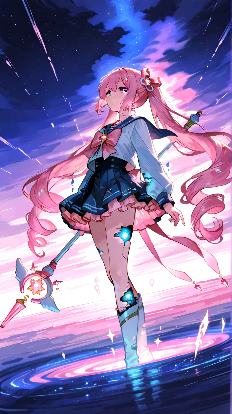 Anime star Magic Girl, sparkling Magic Girl, portrait of the Magic Girl, Beautiful celestial mage, Pale pink cherry blossoms,anime goddess, Bow decoration,Magic Girl, (Snow-white hair),(Two cat ears), (colorful), whimsical, charming, small breasts,open navel,Bare thighs,camel toe,whole body