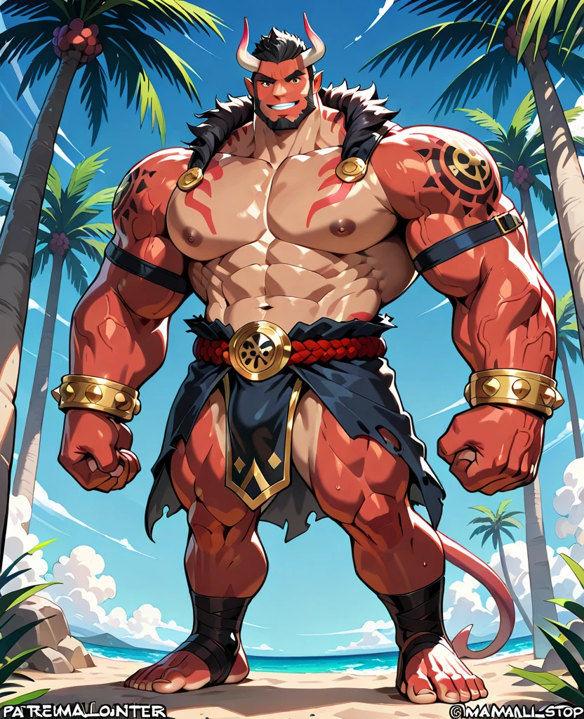 Monkey king:1.3, (masterpiece, best quality:1.37), ultra-detailed:1.37, hyper-sharp:1.37, anime style, An illustration of a Monkey-king bodybuilder, The bodybuilder is 2m tall and has a muscular build. A bodybuilder wears a tank top and a shorts, sunglasses, exposing her muscles. A bodybuilder is standing in a night street under red full-moon, seductive grin smile, open mouth, vampire teeth, monkey face, red hair, monkey magic fashion, looking the viewer, view viewer, magic scene, golden cloud,