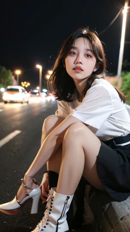 1womanl、(Super beautiful)、(beauitful face:1.5)、Clear pubic contours、Squatting、Spread your legs、(white panties:1.4)、(high-school uniform)、(Dark blue pleated skirt)、(Wear black loafers)、(Sidewalk in Shibuya at night)、Neon sign、(At SFW:1.1)