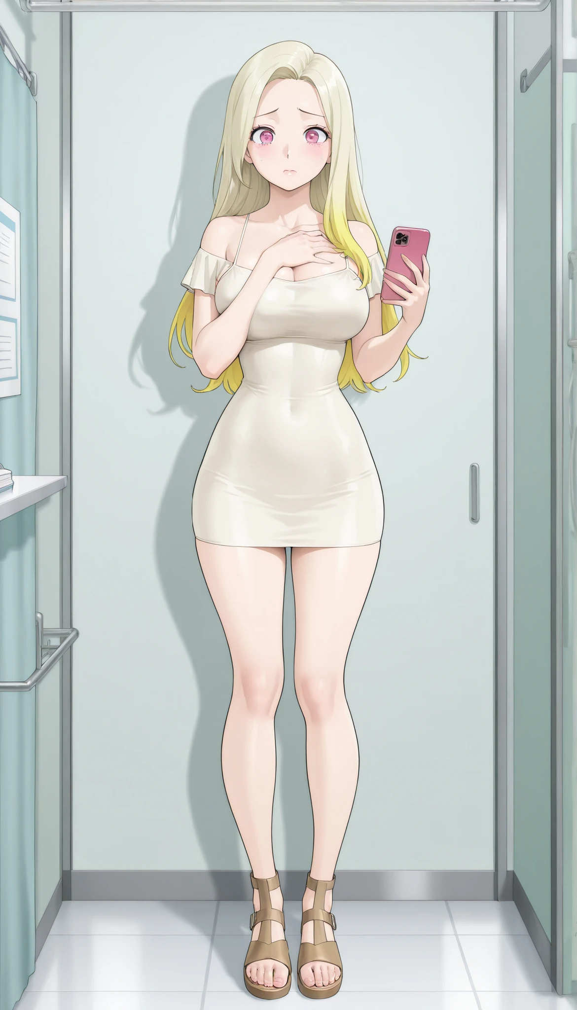 A mature extremely beautiful woman with straight long yellow-blond hair, extremely fair white natural skin, big pink eyes, red plump glossy lips, a small waist, medium-sized breasts, and a perfect slim yet curvy body. She's only wearing a mini tight skimpy black night camisole dress with thin spaghetti straps, a separate beige silky shawl draped in an off-shoulder style, and brown sandals. She's standing in a hospital, worried look, one hand on her chest, and holding a phone. Show her full body and super hyper-detailed.