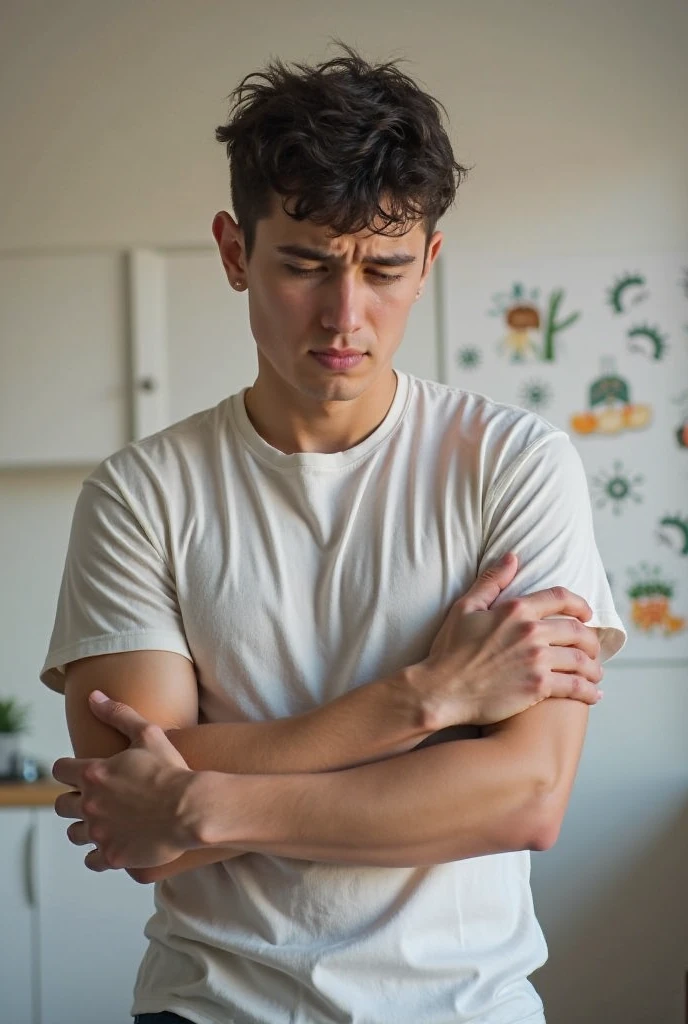 a 16 years old sexy teen boy pooping after laxative with black medium hair, blue eyes, black sleeveless shirt and gray underpants
