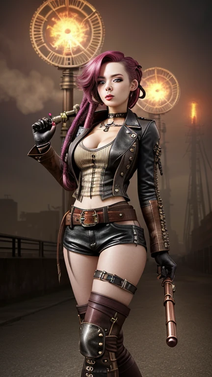 Beautiful Eyed Woman in Steampunk Style、Black coat、Gear and watch decoration、Functional equipment、Equipped with a large mechanical shield, no background、Heavy equipment, larger breasts, wider hips, bigger lips, red lip glosh, blushing, running mascara,