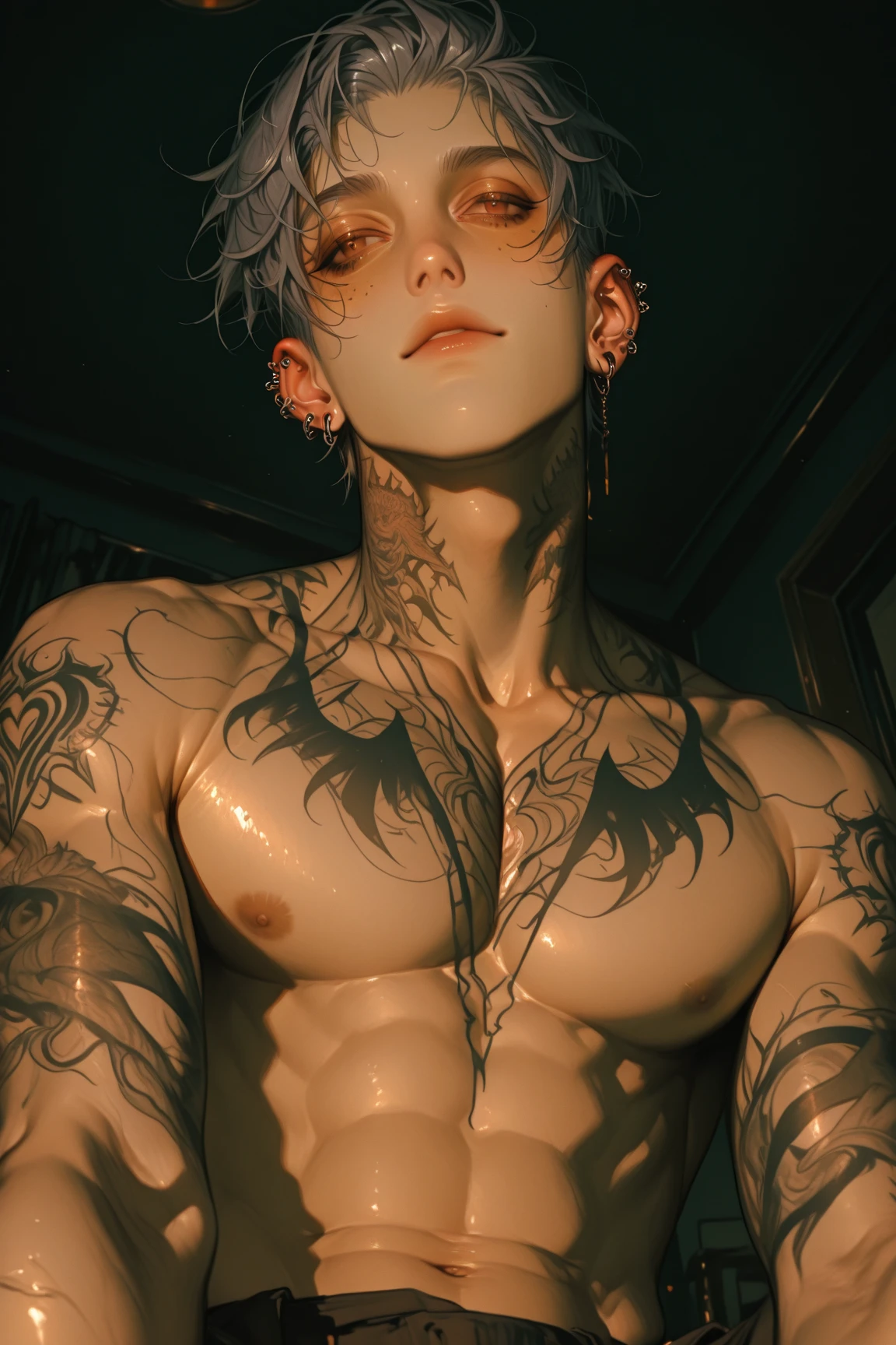 Un primer plano de un hombre rudo con tatuajes en el pecho y brazosas,en un gimnasio de boxeo,Chico guapo en el arte de Demon Slayer, Personaje masculino de anime, Arte detallado del personaje de anime, inspired by Itō Ogura Yonesuke, muscular character, Personaje de anime, Estilo anime masculino, Personaje de estilo anime, inspired by Munakata Shikō, Cuerpo completo del personaje, Arte digital de Danganronpa,alta calidad,muy detallado,pelo corto,ojos oscuros,mirada desafiante,cadenas,sin camisa,reloj,pulceras,tatuajes detallados por todo el cuerpo,