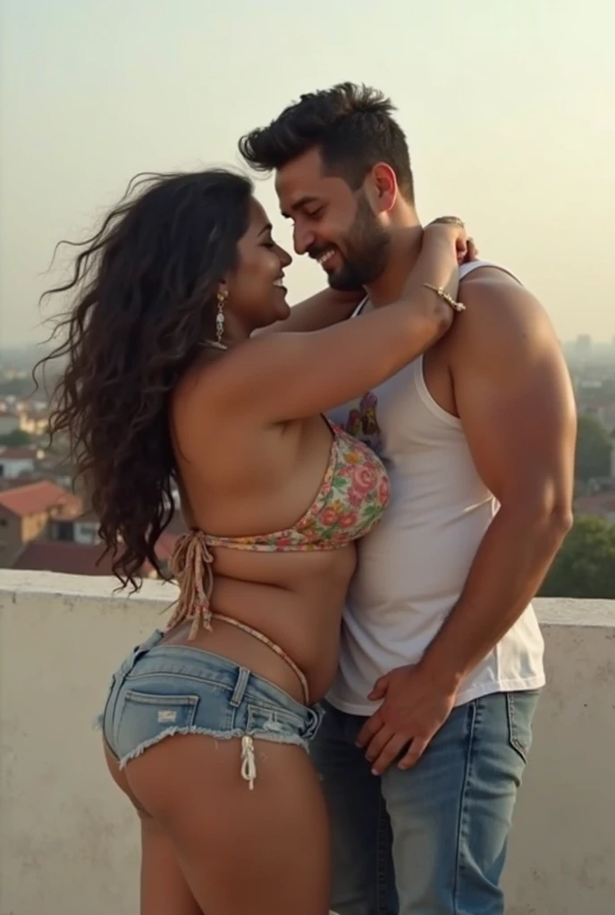 A fat indian man kissing a short big booty latina in a very tight revealing thong at a public pool with her family watching