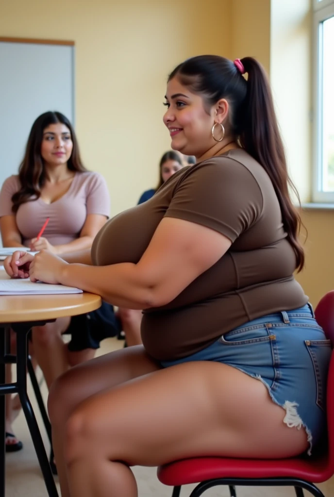 Plus size, shruti Haasan, sitting in restaurant, crowd, sleeveless shirt, teared shorts, thicc, curvy, voluptuous body, curvaceous,