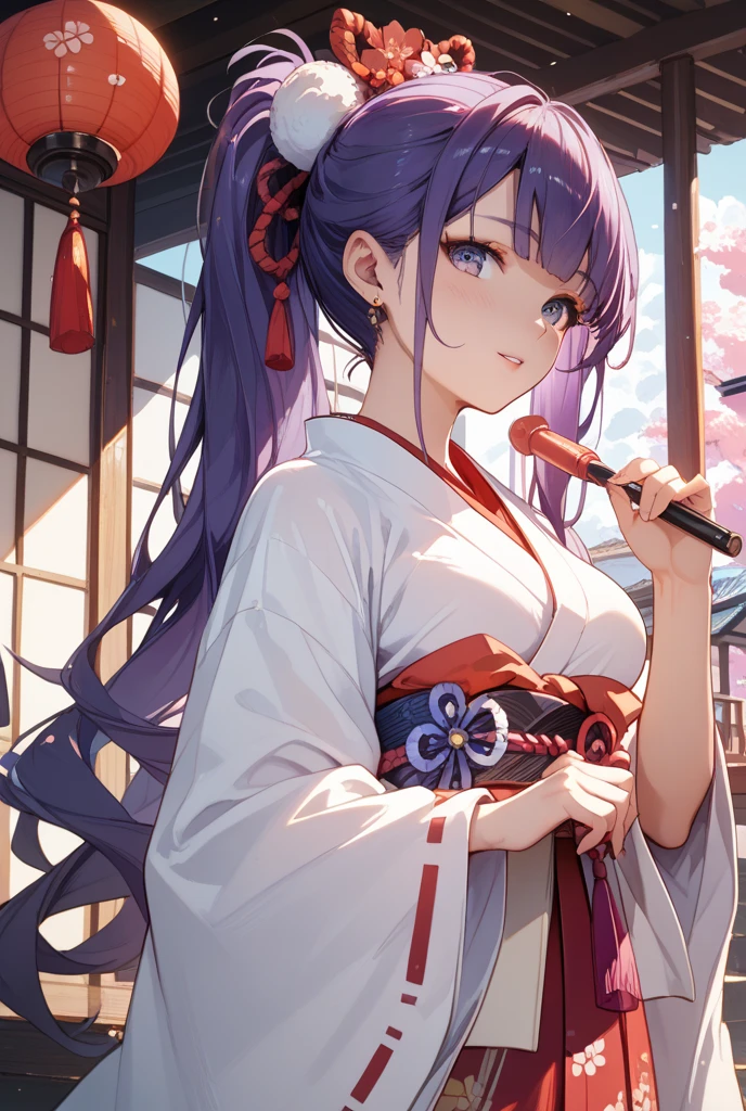 1girl, blunt bangs, braid, wide sleeves, hair ornament, japanese clothes, red obi, (purple hair:1.2), very long hair, straight hair, looking at viewer, highly detailed background, (photo realistic:1.2), detailed eyes, red eyeshadow, depth of field,thigh, (ulzzang-6500:0.7), upper body, (solo:1.2), (cyberpunk city:1.1), cleavage, (finger on lips:1.1), Shiny skin, perfect body, beautiful body.