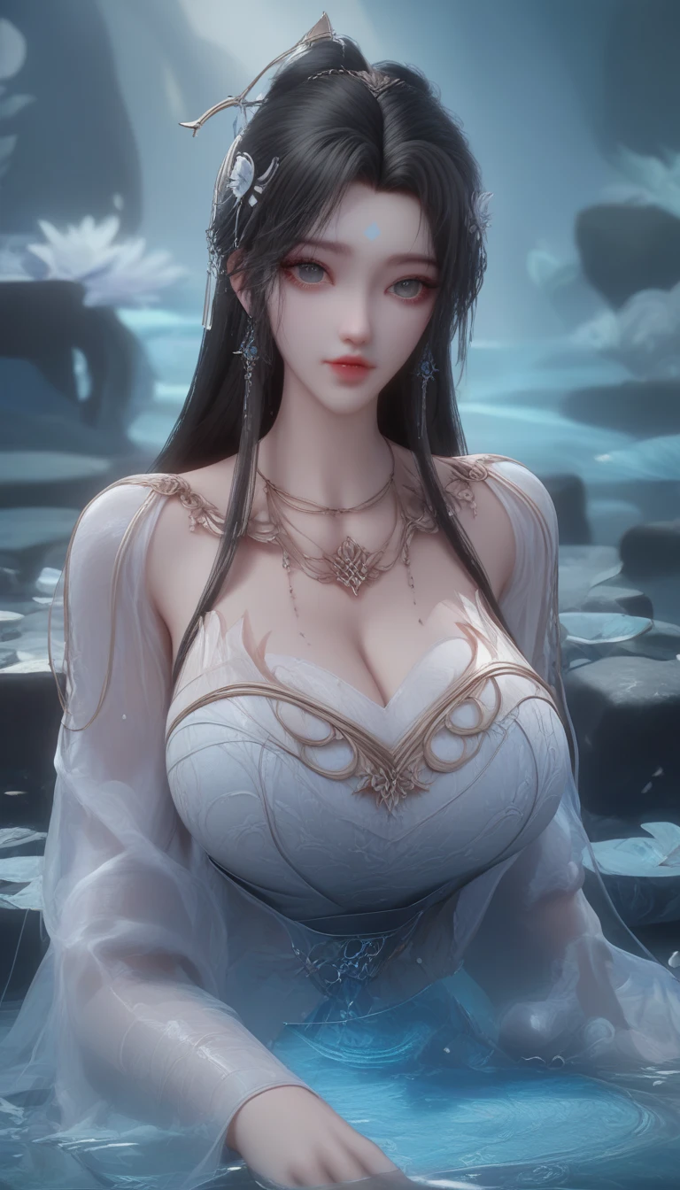 Exposed thighs and shoulders, plump body, upper body, masterpiece, superlative, (realism: 1.4), high resolution, long hair, breast enlargement, overflowing breasts, large, huge breast marks, riverside rocks or temples or bridges, hanfu, sheer, bulge, sheer fabric, translucent fabric, wet fabric,