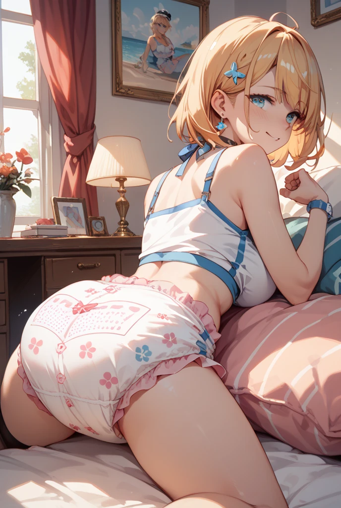 masterpiece, super fine illustration, best quality, light particles, ultra-detailed, 8K wallpaper, (bright colors:1.2), solo, ((a little girl)), big breasts, (blonde hair), disheveled hair, short hair, twintail, two side up hair, scrunchie, curly hair, shiny hair, shiny skin, (wearing pale pink and white horizontal striped dress, short sleeve), (frilled miniskirt), (white legwear), ((horizontal striped panty)), (beautiful green eyes, shiny eyes, big eyes), affectionate smile, seductive smile, closed mouth, blush cheeks, (naughty room), (pink bed), (pink pillows), (pink curtain), looking back, get down all fours, nsfw, sunlight, shadow,