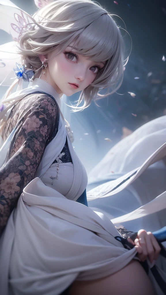 8K分辨率、((top-quality))、((tmasterpiece))、((ultra - detailed))、1 Elf beauty、a matural female、unbelievable Ridiculous、(white wedding gown)、Get wet、Elf long ears、flor branca、Under the eaves、Sateen、neonlight、long  white hair、hair-bun、Brightly Colored Eyes、Hands in pockets、Wedding dress、drippy，Normal body proportions，Normal posture