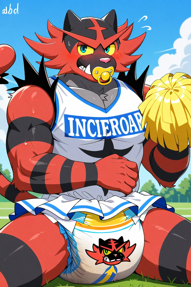 a man resembling a blue bear with whiskers on his face wearing a red and white necklace with a yellow key attached to the necklace chubby is a character in "full attack"