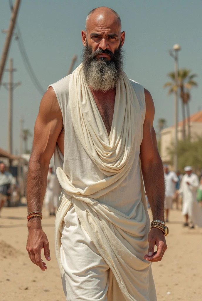(best quality,4k,8k,highres,masterpiece:1.2), age 50, white man, horny disgusting, muscular chubby, kind, mature daddy, big belly, thick arms, dilf, arab, white dress, white dishdashah, in the desert, Egypt, arab clothes, dishdashah, white thawb, big chest and belly, smileling, arching, bending