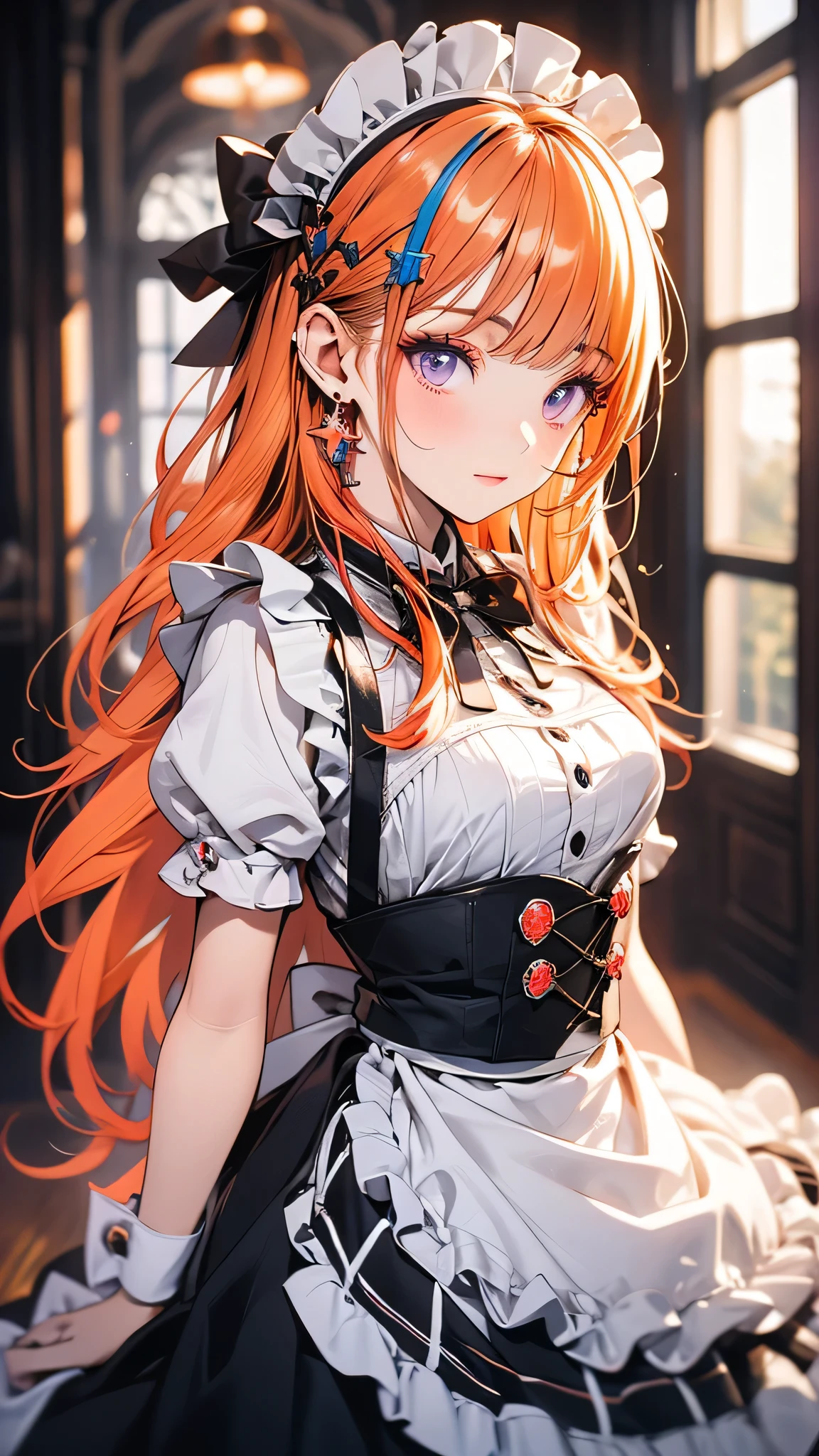 absurdly long (curly:1.0) orange hair, freckles(0.5), maid, pov, looking at viewer, close-up, hallway,