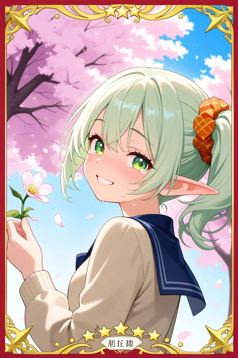 One image consists of four images. Each image is oval in shape, with the flower of the image around the border. A cute anime girl is on each image. Her face is rounded. Her ears like an elf. Her eyes are large, light green and slightly slanted. Her hair style is side ponytail. The ponytail is braided. The front hair is cut diagonally above the eyes. Hair color is shiny silver. The side ponytail has an amber scrunchie attached. She wares a navy blue sailor school uniform. The first image is this: In spring, she wares a long-sleeved shirt, and she has a happily smile on her face, under the cherry blossom tree with cherry blossom petals falling, frontalangle from close up to her face. The second image is this: In summer, she wares a white short-sleeved shirt, and she is looking back, she has a predatory smile on her face, in the sunflower field, backangle from close up to her face. The third image is this: In autumn, she wares a cardigan over the uniform, and she is crawling and is crying and shedding large tears, the red leaves of maples are dancing in the air, angle from below from close up to her face. The fourth image is this: In winter, she wares a coat over the uniform, and she is a embarrassed, she has a senductive smile on her face, She is holding a present under a snowy Christmas tree. Angle from close up to her face.