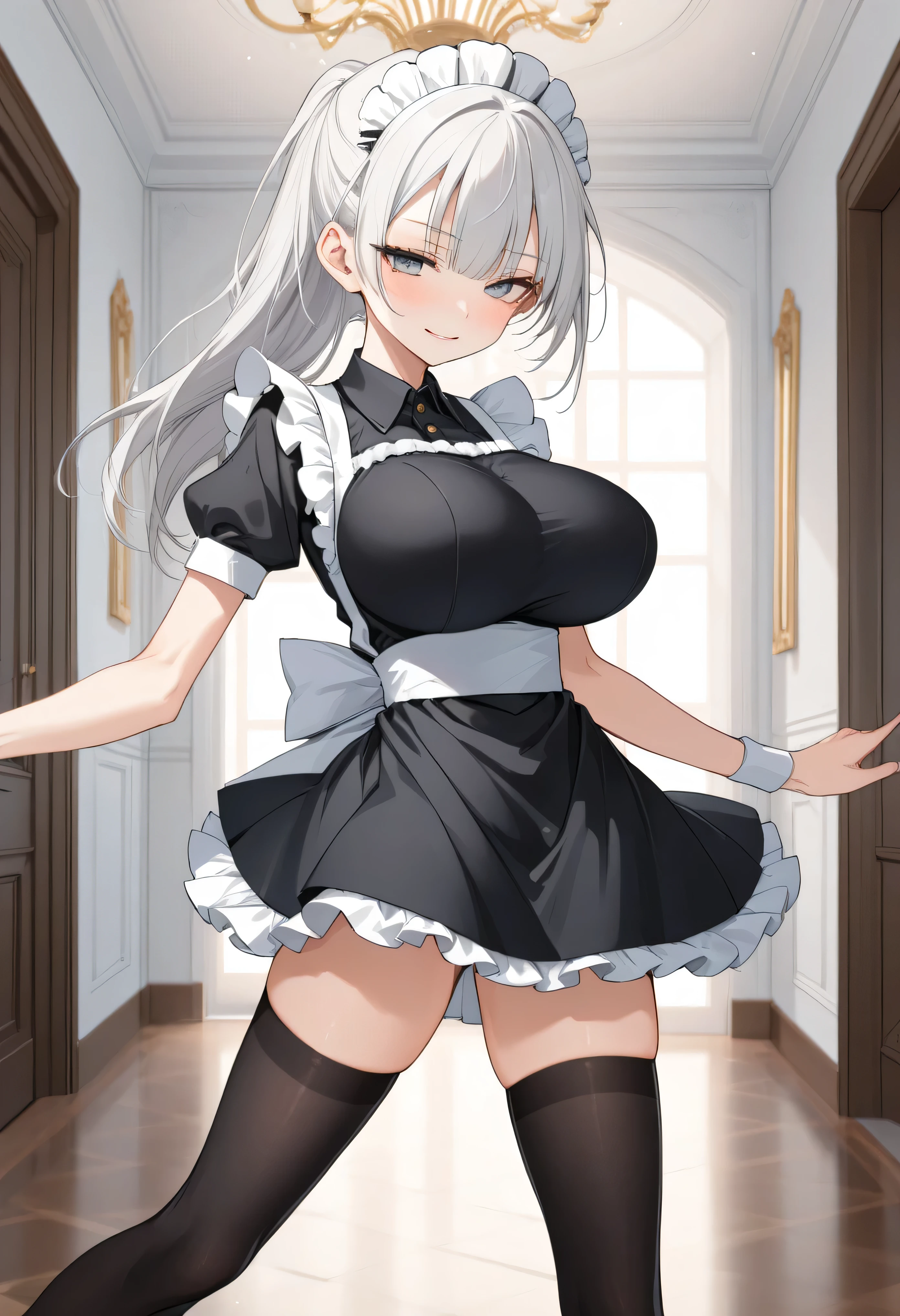 score_9, anime style, longlegs_v0.22_pony, BREAK, solo, (1 skinny maid girl standing in hall), large mansion, light smile, arched back, (dynamic pose), (bouncing breasts), open legs, pigeon toed, tiptoe, BREAK, white long hair with blunt end, blunt bangs, half-closed eyes, narrow shoulders, very small torso, (bursting gigantic breasts:1.25), (perky breasts), too short torso, very narrow waist, skinny hip, (skinny thighs), very skinny legs, BREAK, white apron, black short maid dress, (flapping black too short skirt:1.3), (thigh gap), (groin), black thighhighs, stiletto heels, nsfw