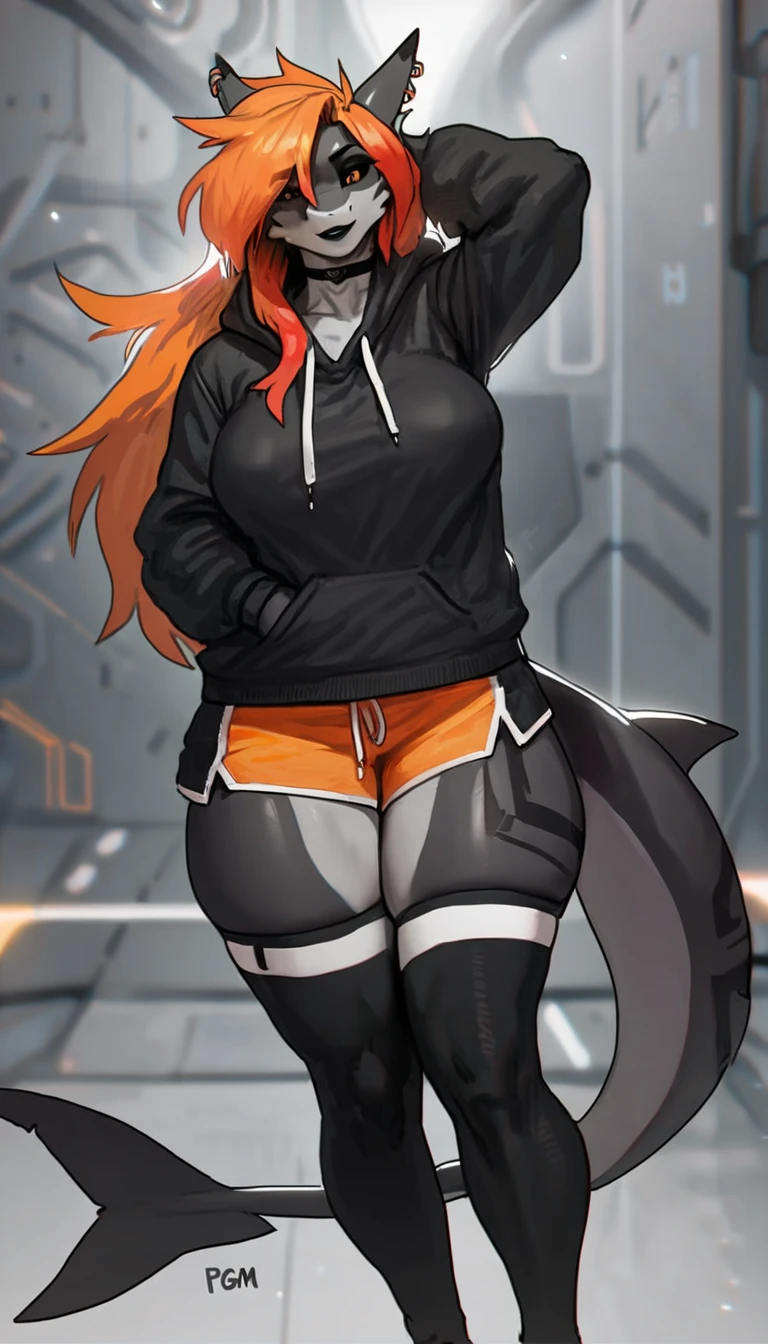 highest quality, 8k, HD, dynamic_angle, (well drawn face), (full body), detailed eyes, green eyes, ((furry anthro body)), detailed fur, ((dark fur)), ((anthro horse)), ((horse woman)), (horse snout), slim figure, large breasts covered, exposed midriff, (exposed thighs), (toned thighs), (hooves), ((blue undercut)), (looking at viewer), ((frown)), ((dynamic_pose)), speed, cropped turtleneck, ((cropped orange jacket)), (dark blue mecha arms), ((dark blue mecha legs)), 1girl, solo, grid backdrop, neon grid, sci-fi, binary code