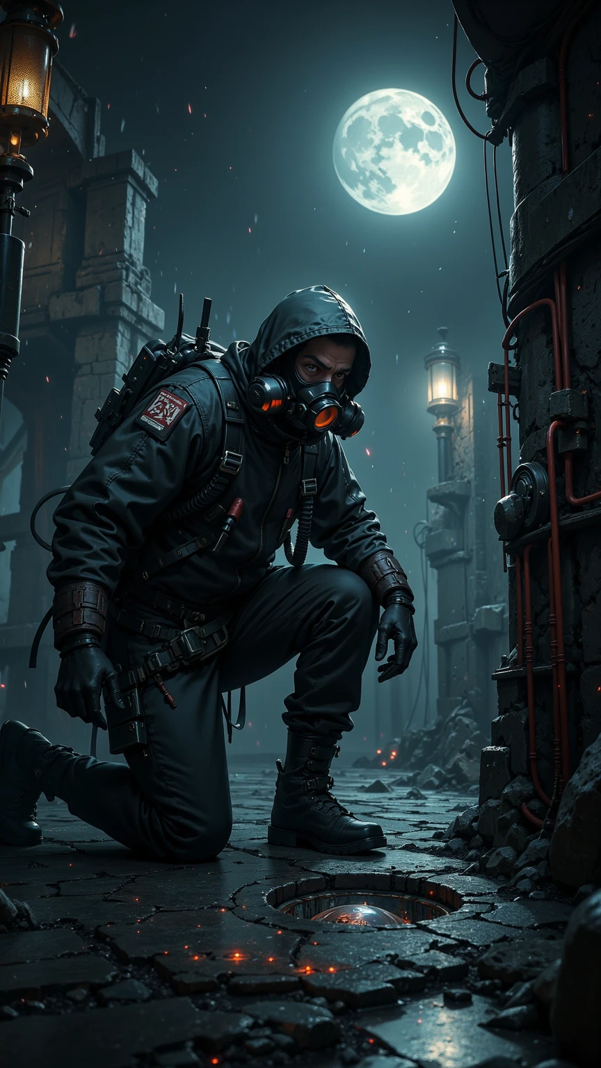 semi-realistic, bochen, front, guweiz, masterpiece, highres, highly detailed, single (Post-apoc, postapoc_character, postapoc_scenery), ((sitting, hiding, hiding behind cover)), ruined_cityscape, cityscape, overgrown, dark, cloudy, (hazmat, hazmat_suit), 1boy, (snowing, snow), assault rifle, hood, gloves, armor, road, single, front, view, front