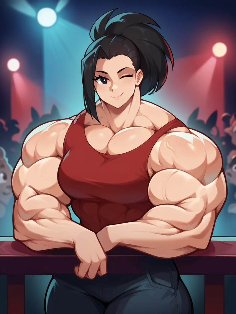 huge mom woman with muscles hard abs sings happy on concert