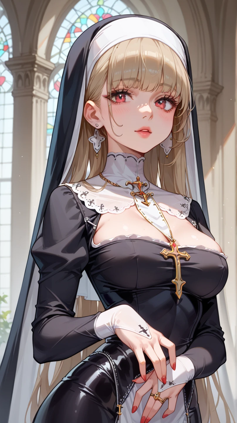 1girl, alternate costume, black dress, blonde hair, braid, cross, cross necklace, dated, dress, habit, jewelry, long hair, long sleeves, necklace, nun, one-hour drawing challenge, own hands clasped, own hands together, purple eyes, side braid, parted lips, solo, upper body, wavy hair, church,(realistic),(steaming body),(shiny skin),(gigantic breasts),huge breasts,(materpiece:1.4),(best quality:1.4),fashi-girl,mature female