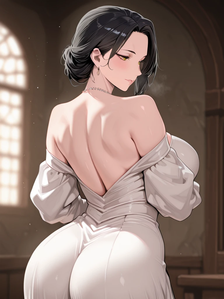 long black hair, straight hair, perfect body, sexy woman, brothel worker, back of the head to the camera, mature, 25 years old, inside brothel, white elegant sexy dress, fantasy prostitute, , seductive, dark room lighting, medieval inn bedroom, lustful, loose hair, man pov, standing, hands on closed door, round ass, sexy, pefect body,
