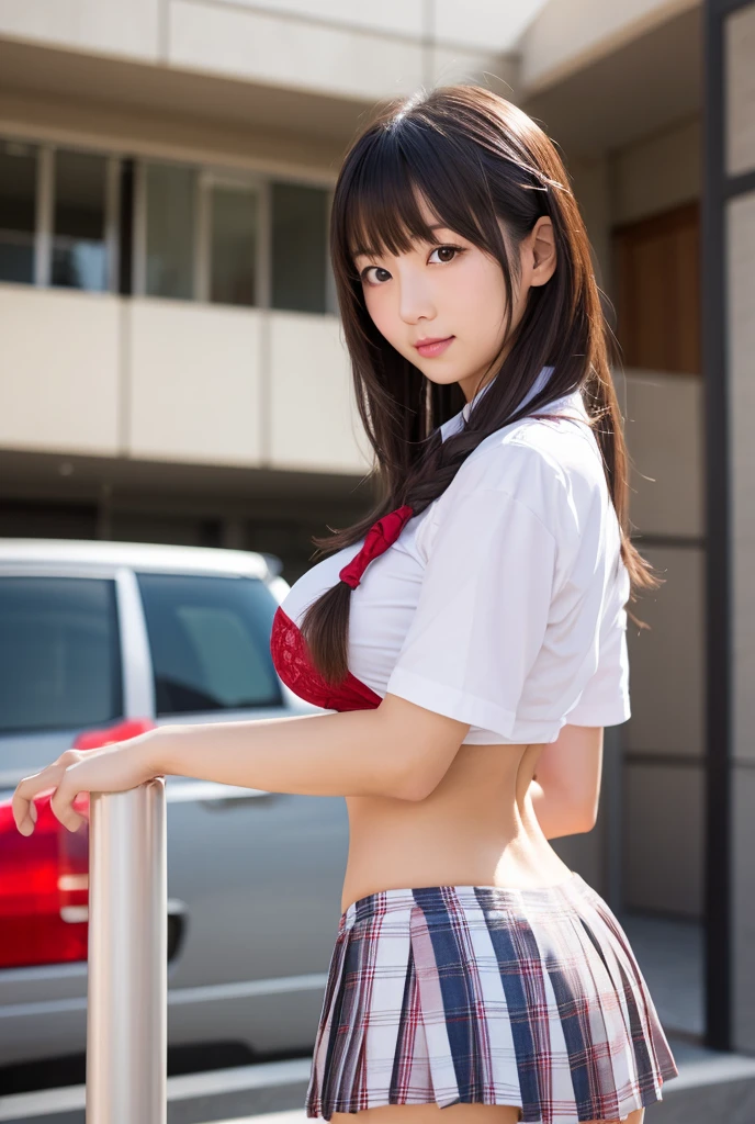 nsfw, 8K raw photo, (photorealistic:1.4), Best quality, masterpiece, ultra high res, film grain,filmg,
1girl, looking at viewer,
natural skin texture, realistic eye and face details, full lips,rouge \(makeup\), red eyeshadow, fluffy short hair, messy hair, smile, close mouth, beautiful legs, tall female, skinny, slim_legs, solo,
enormous breast,cleavage,
Pose with buttocks facing you,
ultra short skirt, ass, shirt,
beautiful nature location,around flower location, plaid skirt, white shirt,
Show a little cleavage through the shirt,
loafers,
blurry background, blurry, holding, plaid, short sleeves, jk ribbon on the neck, jk ribbon,
brown hair, bracelet, water, bangs, school uniform, jewelry, parted lips, lips, pleated skirt,
depth of field, black hair,
looking at viewer