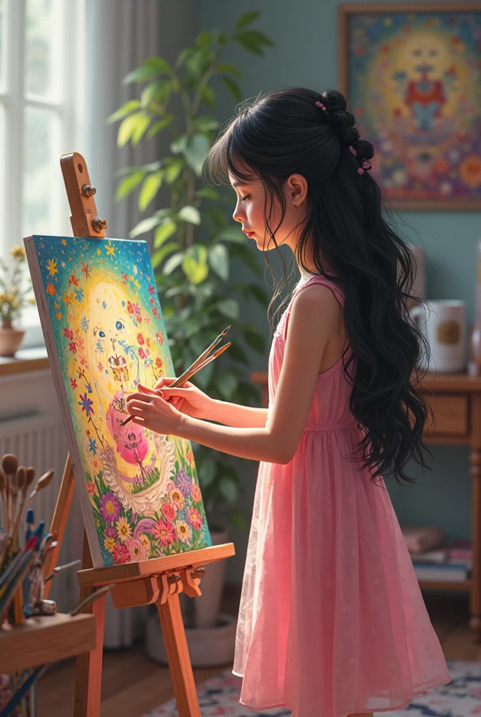 3d drawing, realistic, child 7 years, painting blank sheet, MONALISA picture, painting MONALISA, monalia picture standing, school environment, brush in hand, paints on the table, colorful. --auto