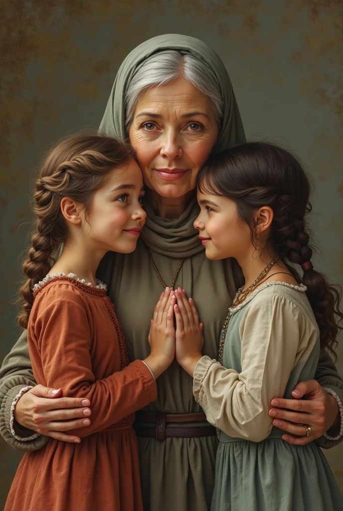 create image:There was a poor mother who gave birth to three daughters.. She loves her children very much., She takes care of her children every little thing.. poor house, Her husband died early and she had to work hard to raise her children but she never complained..