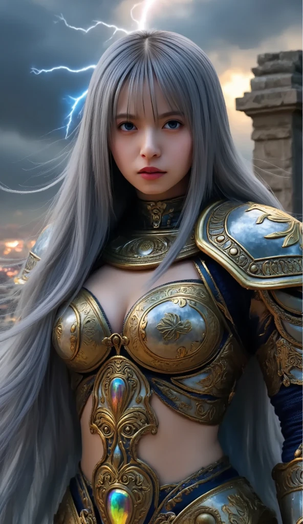 cinematic shot, centered, cinematography, intricately detailed, crafted, meticulous, magnificent, maximum details, extremely hyper aesthetic, (((1girl, solo))),
18age, long hair, grey hair, Realistic, armored dress,
Full nudity