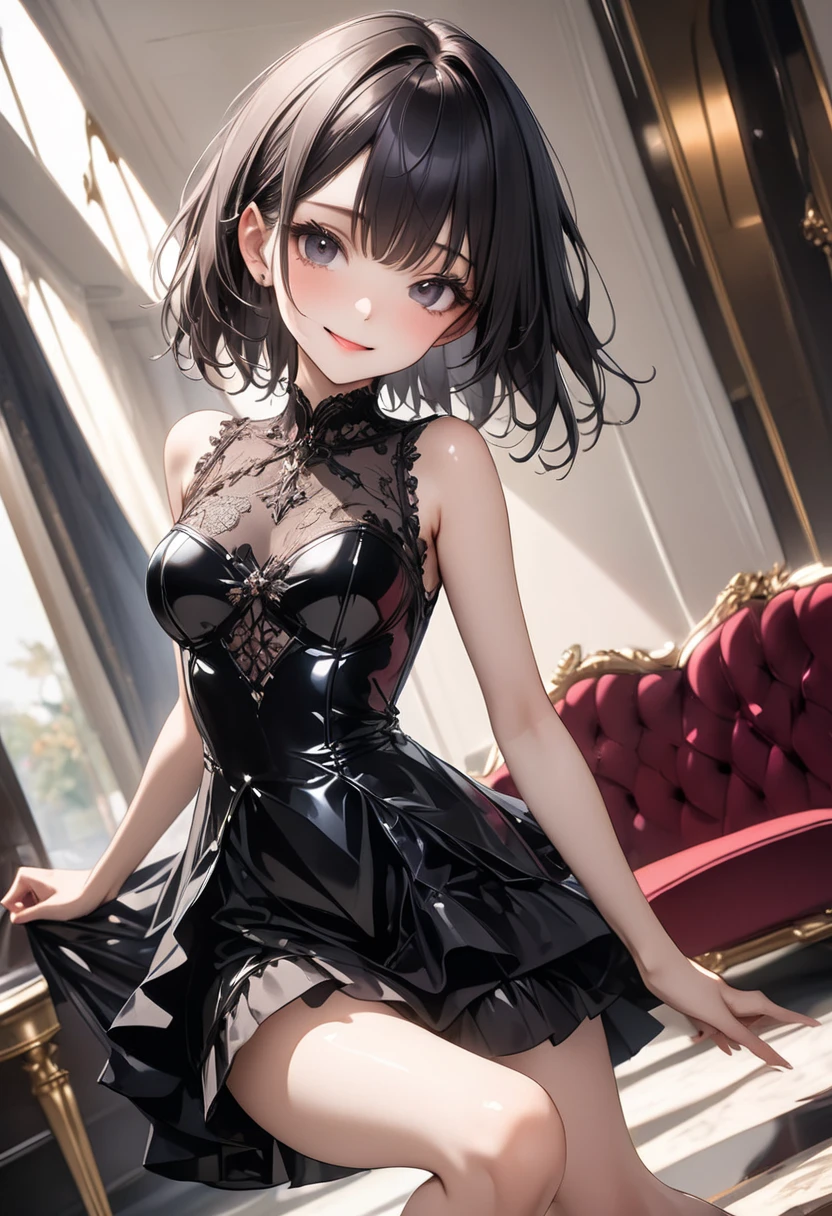 (((Wearing an elegant, shiny black gothic dress, corset and skirt))), skinny, solo, 1 woman, Masterpiece, highest quality, highest quality, 16K, incredibly absurd, highly detailed, 2.5D, ai-generated, delicate and dynamic, very delicate facial expressions, delicate eye depiction, erotic, only sexy woman, ((A cute and kind face)), healthy figure, ((25-year-old woman)), 160cm tall, medium firm swaying bust,, blush, Sweat,Embarrassed,sexy, ((thin thighs)), (Erect nipples,:0.5), shiny and lustrous, facing straight at viewer, smile, ((Oily_skin)), ((dutch angle)), ((erotic pose)), Fashion Model poses, Fashion Model style, (Close-up),