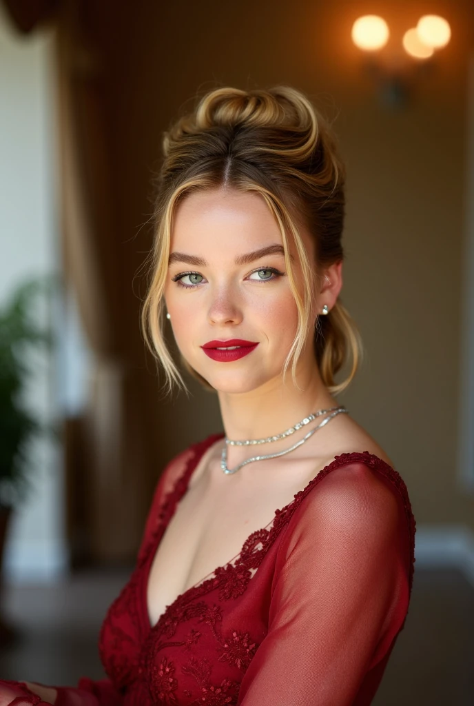 tv_Anine_MXAI, ,  , flirty expression, wearing a sequin dress, wearing a diamond choker, red lips, dramatic makeup, sitting in a restaurant, holding a glass of wine, medium closeup shot,, 8k resolution, highres, high detail, sharp focus, detailed skin,  8k uhd, bokeh, analog photography