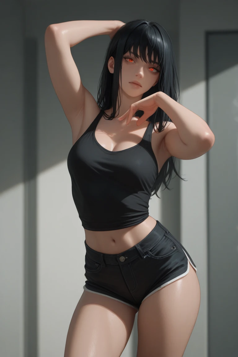 realistic, 1girl, black hair hair, purple eyes, glowing eyes, sports bra, skirt, parted lips, blush, night, flowers, sun, sunlight,