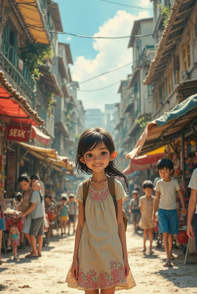 Generate a image of a young girl, 10 years old, from Vietnam, with Vietnam features, realistic city background, best quality, real, well detailed, hyper-realistic
