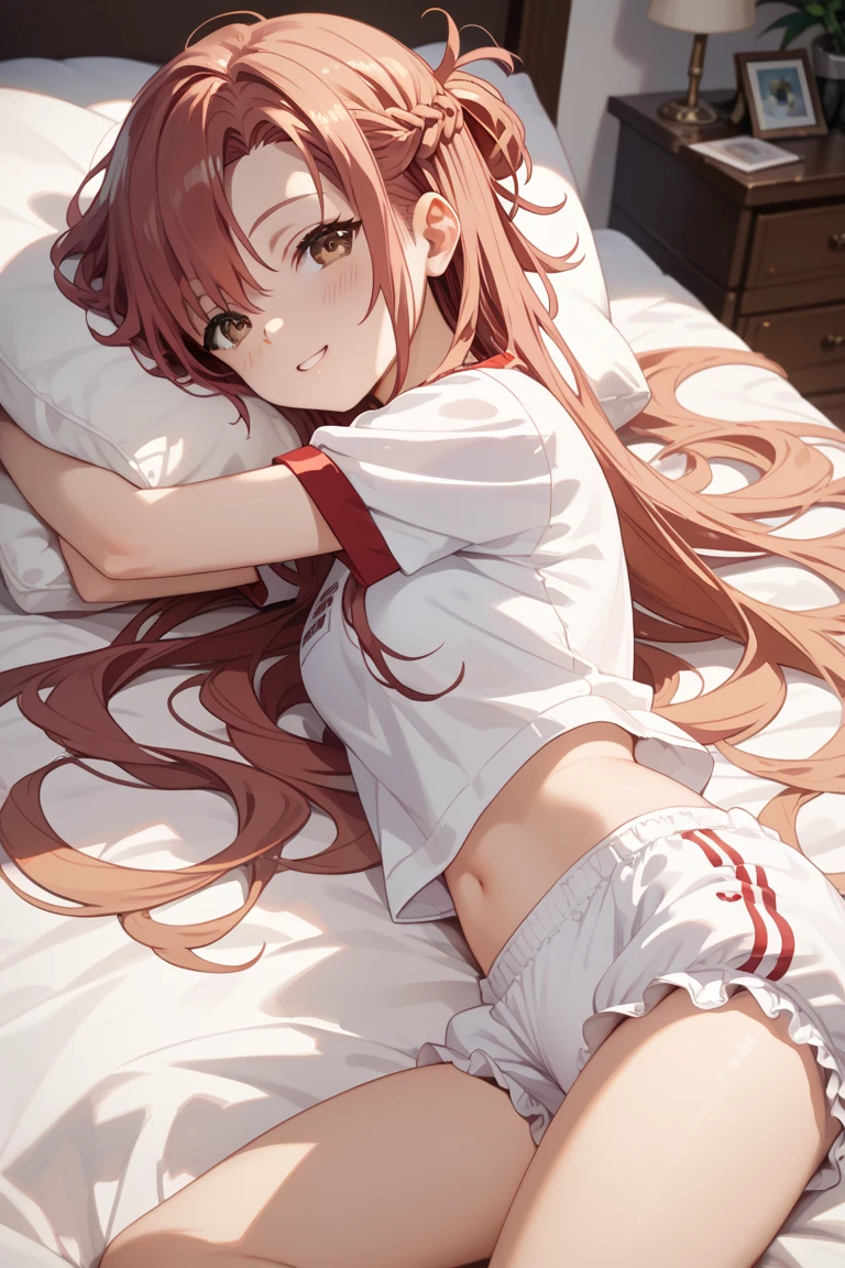 whaite hair,High ponytail,Anime shoujo,jk,Lie down in bed,Be red in the face,spread thighs,The bottom of the skirt is exposed and water flows out