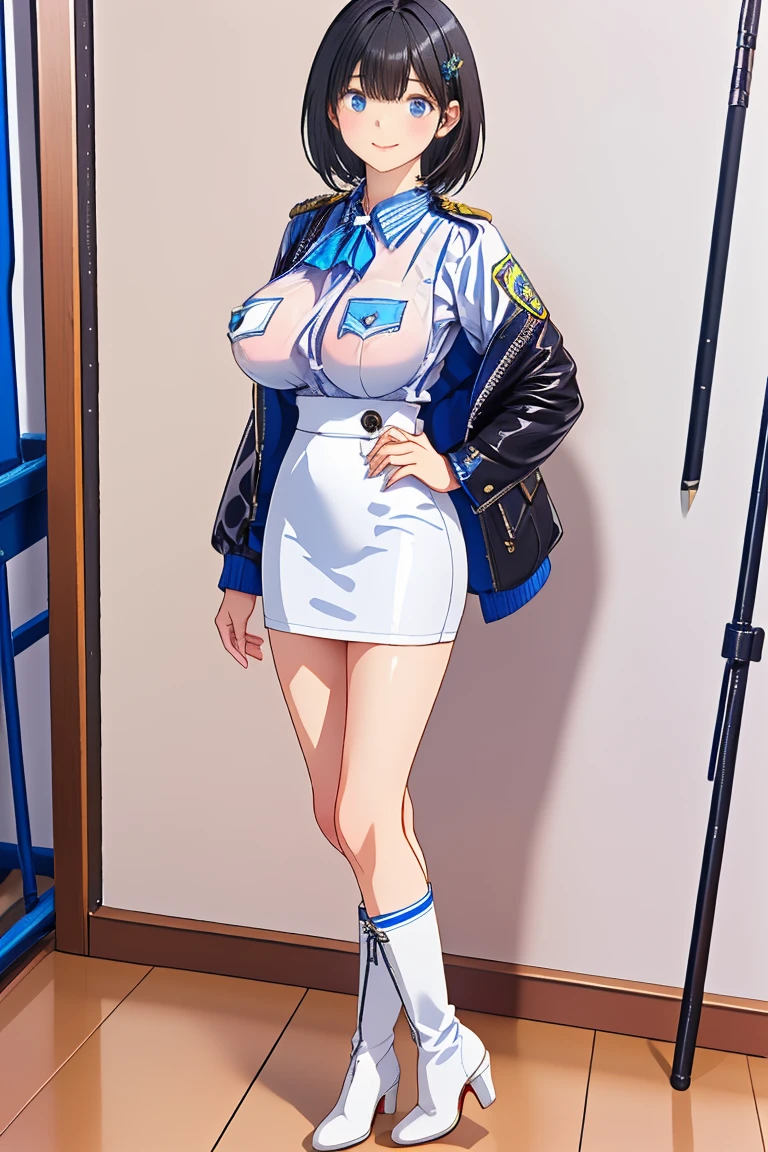 , (Spread your legs)、 (White panties), Female police officer, Blue Uniform、Mini Skirt Police、White shirt, sunny, Mature Woman, Anime Cel Style, Highest quality, High resolution, One Girl, (Large Breasts:1.2), Beautiful Face, Beautiful fingers, Beautiful long legs, Beautiful body, Beautiful Nose, Beautiful character design, blonde, bangs, blue eyes, Show Viewer, Cowboy Shot, blush、Embarrassed look、Nipples are visible、 、